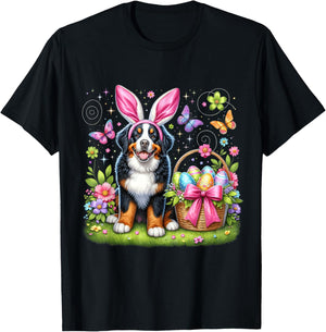 Cute Bunny Bernese Mountain Dog Dog Easter Eggs Basket Party T-Shirt - T-Shirt | Black