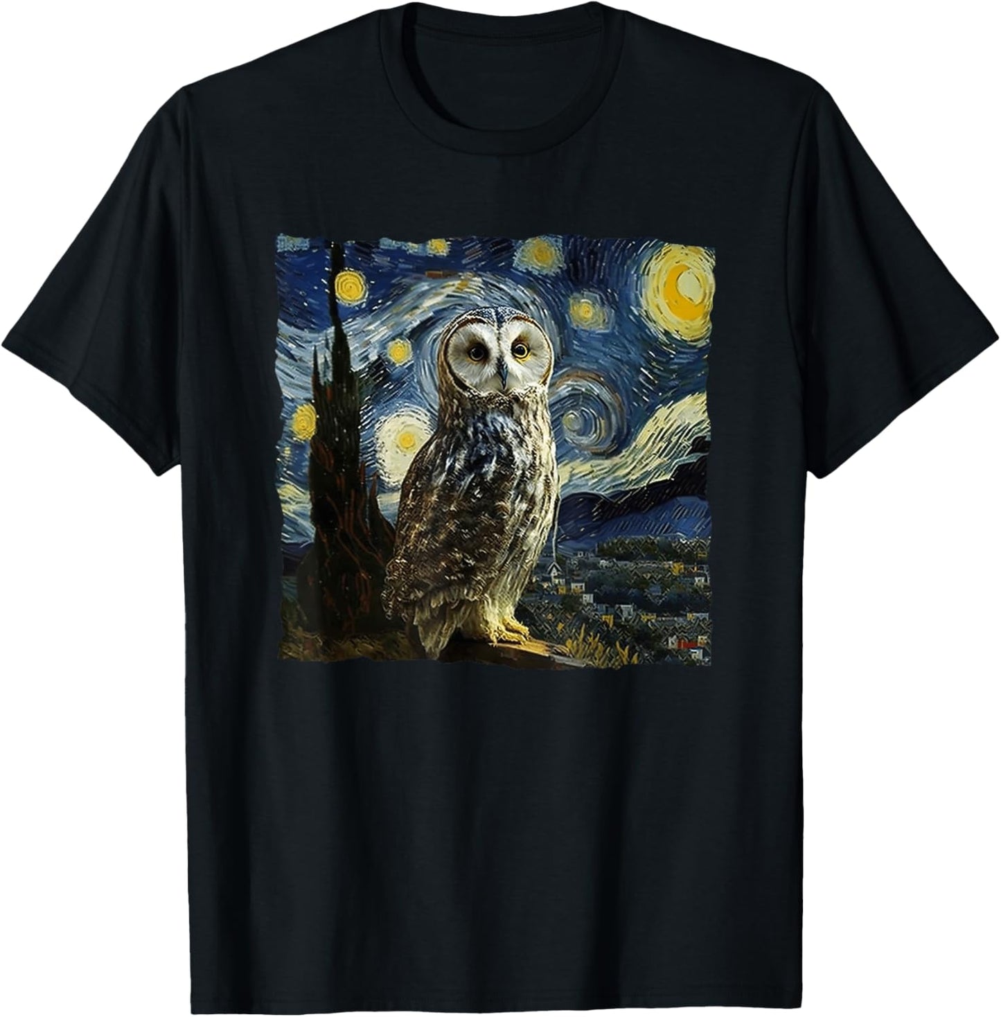 Owl Starry Night Van Gogh Painting Moon Owls Owl Lover T-Shirt - T-Shirt | Black