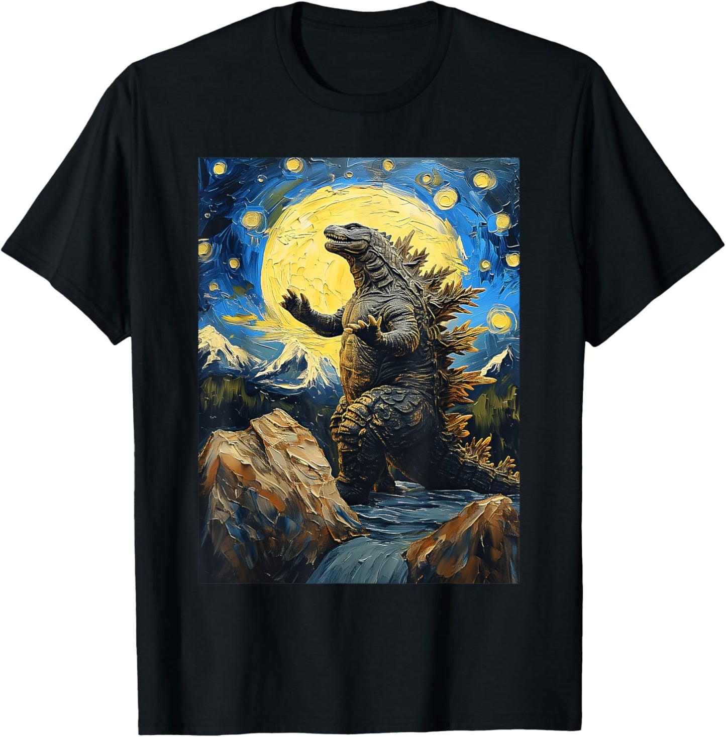 Japanese Monster Kaiju in Van Gogh Starry Night T-Shirt - T-Shirt | Black