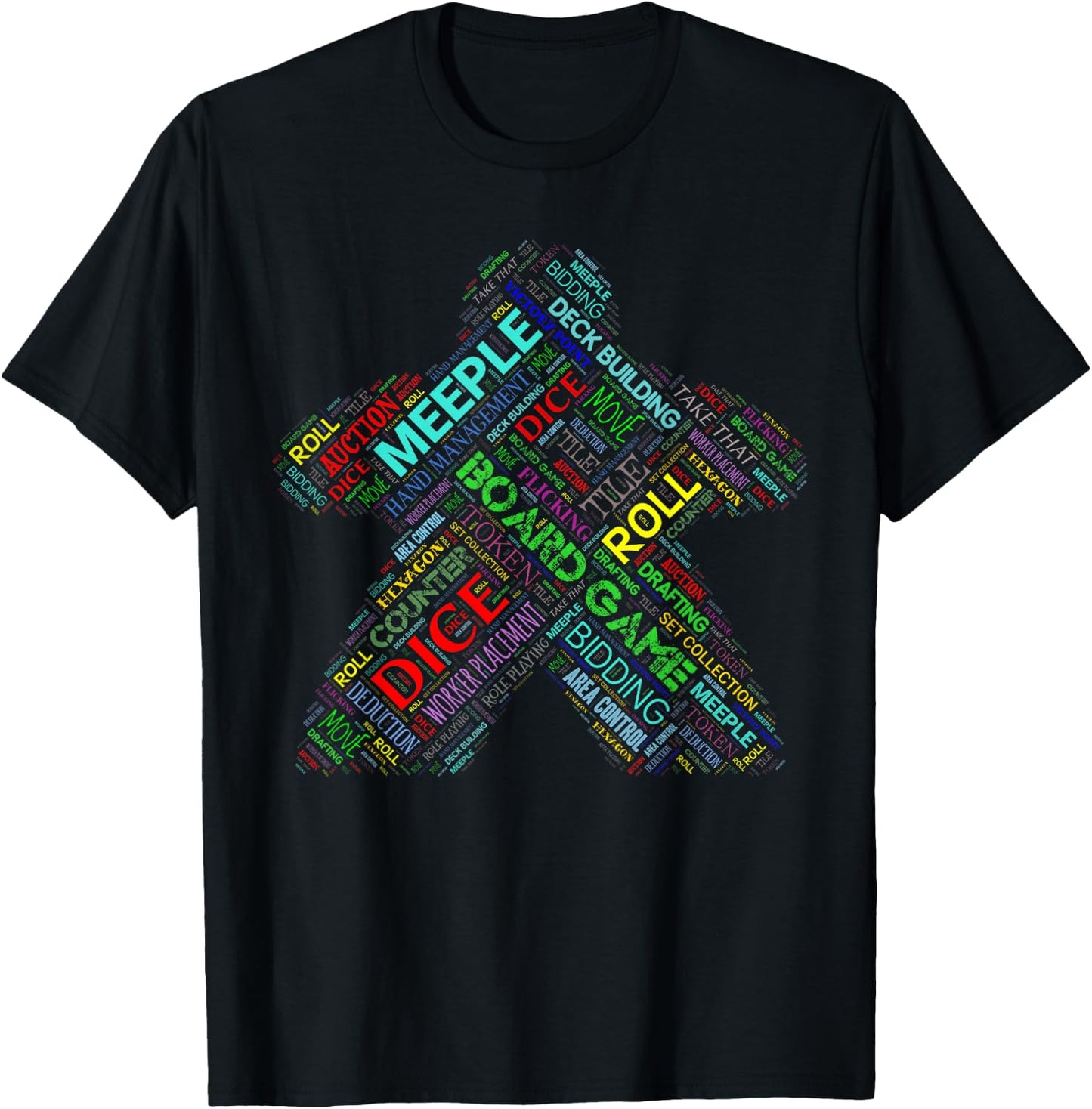 Board Game Meeple Typography with Terms and Mechanics T-Shirt - T-Shirt | Black