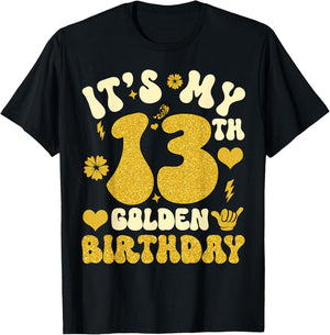 It's My 13th Golden Birthday 13 Year Old Bday Kids Groovy T-Shirt - T-Shirt | Black