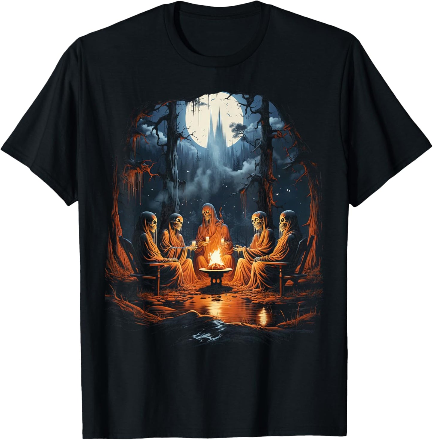 Vintage Ghost and Skeleton by Fire Camping Gothic Halloween T-Shirt - T-Shirt | Black