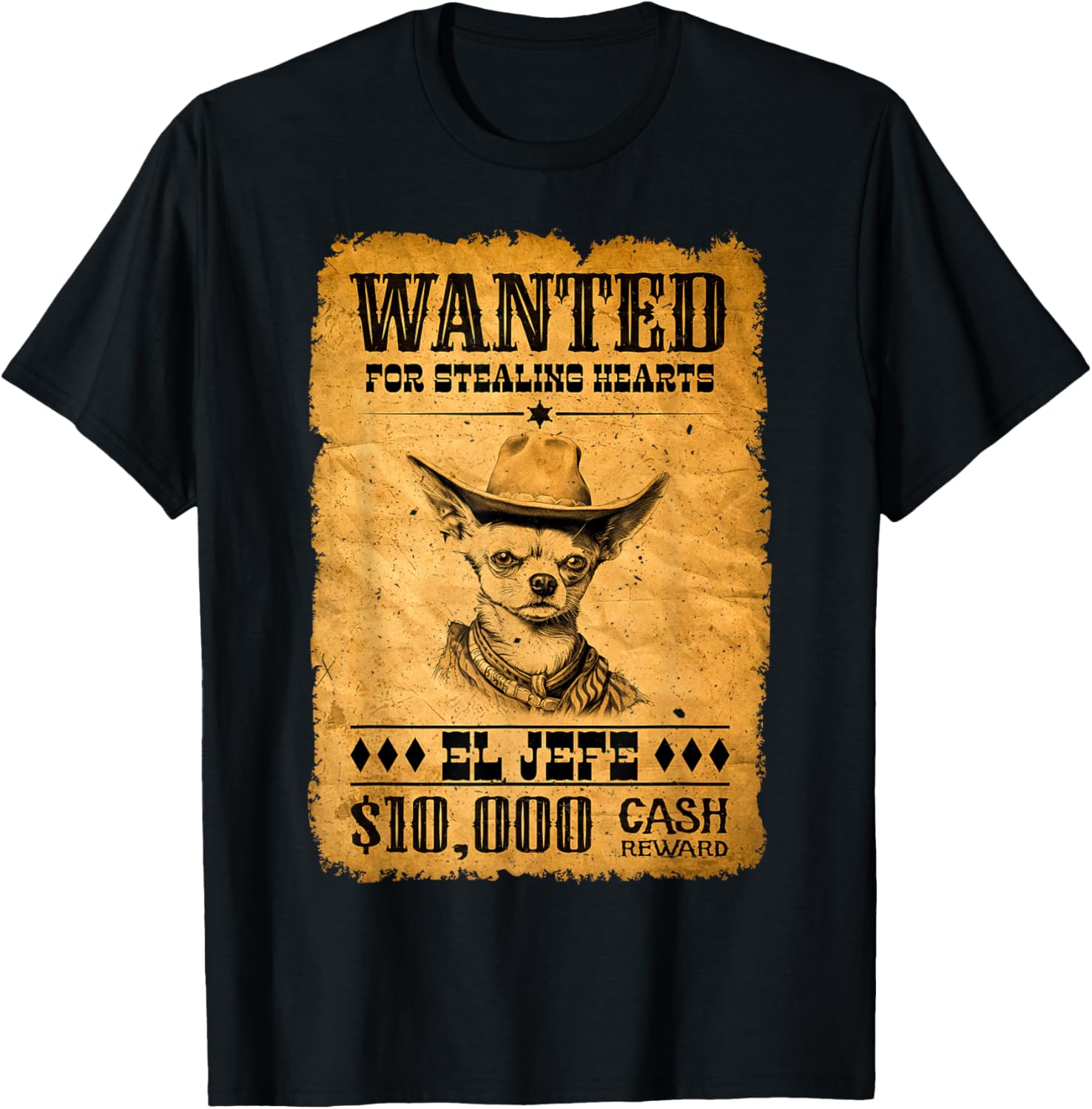 Funny Cute Chihuahua Wanted Poster Western Cowboy Chihuahua T-Shirt - T-Shirt | Black