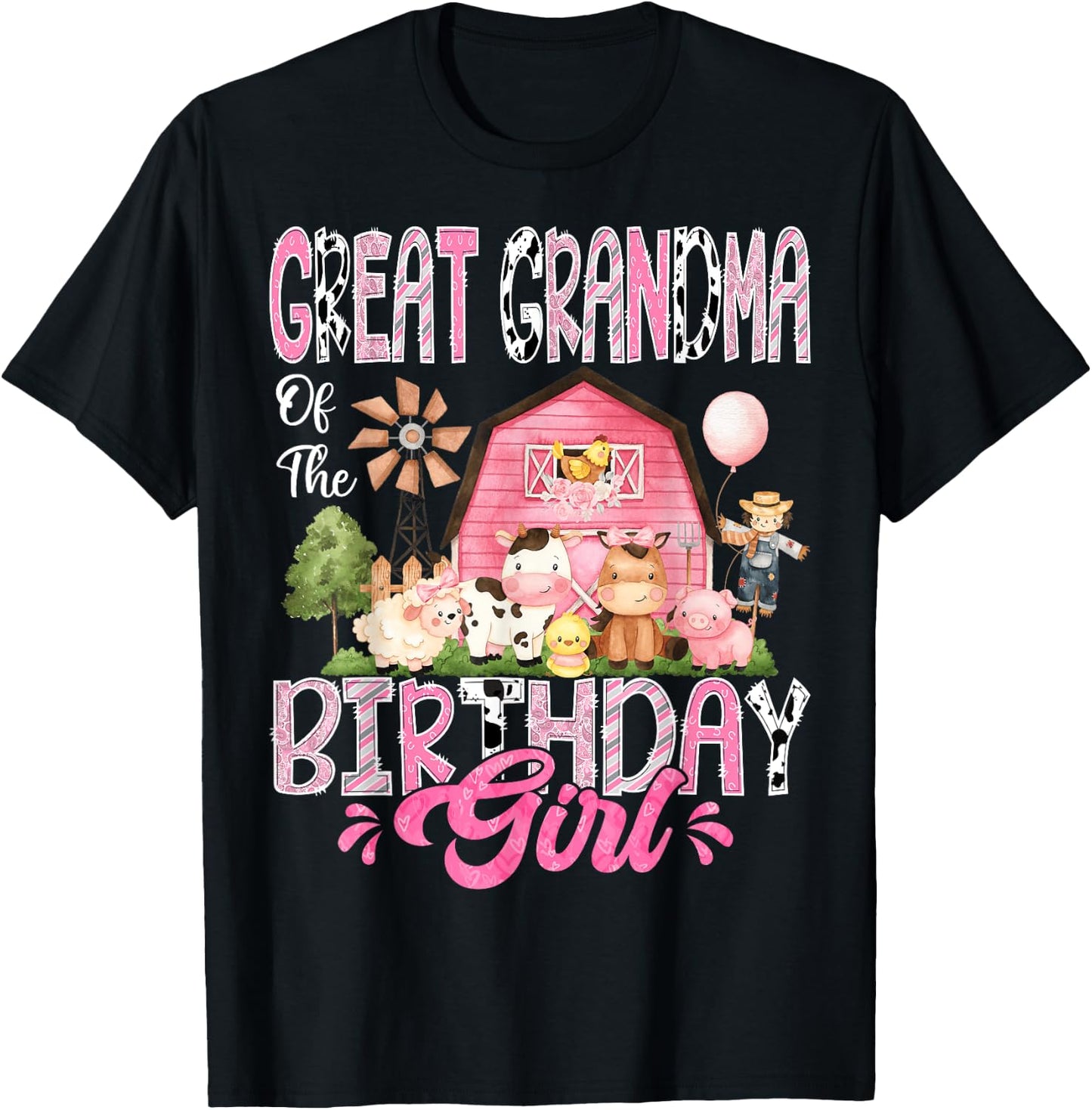 Great Grandma Of The Birthday Girl Pink Farm Cow Birthday T-Shirt - T-Shirt | Black