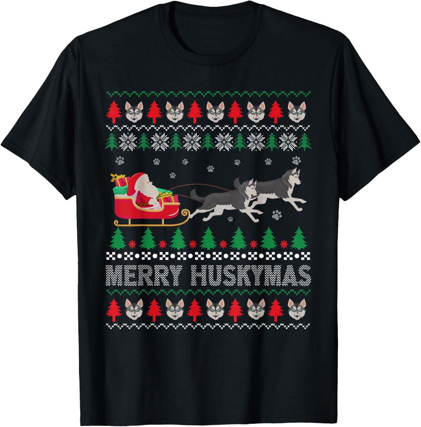 Merry Huskymas Siberian Husky Dogs Ugly Christmas Sweater T-Shirt - T-Shirt | Black