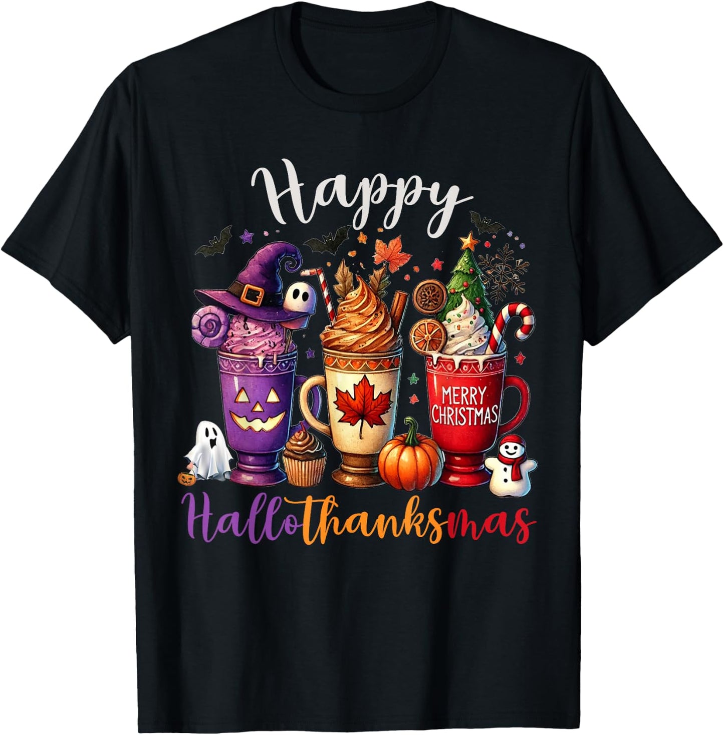 Happy Hallothanksmas Coffee Lover Halloween Merry Christmas T-Shirt - T-Shirt | Black