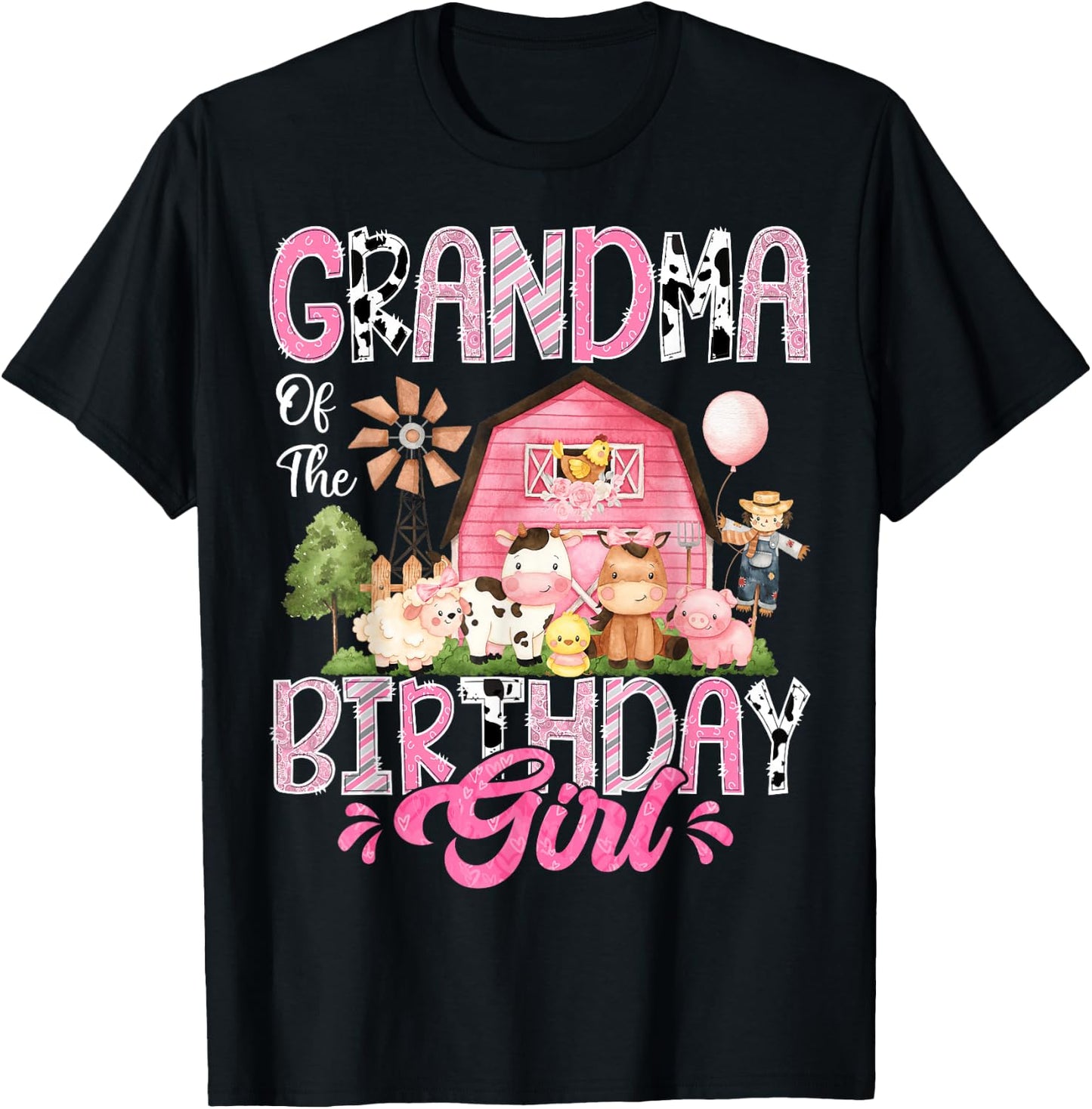 Grandma Of The Birthday Girl Pink Farm Cow First Birthday T-Shirt - T-Shirt | Black