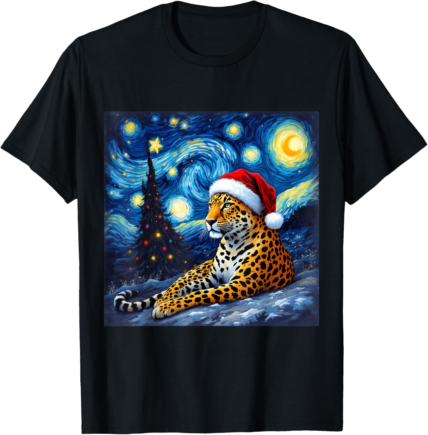 Christmas Leopard Santa Hat Van Gogh Starry Night Holiday T-Shirt - T-Shirt | Black