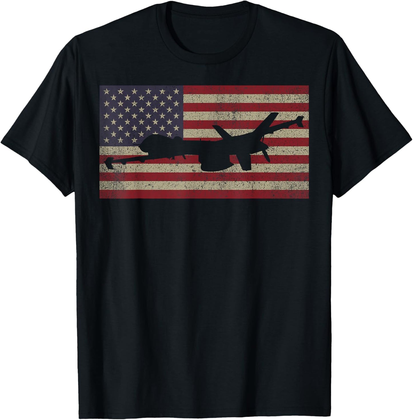 MQ-9 Reaper Guardian UAV Drone American Flag T-Shirt - T-Shirt | Black