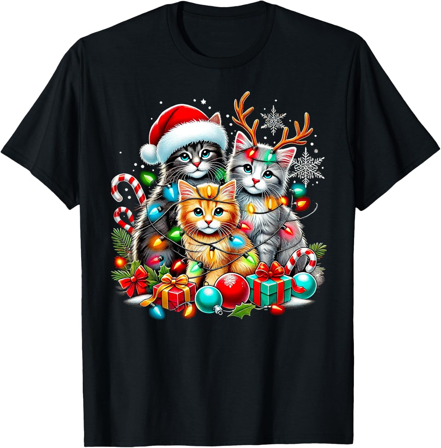 Merry Christmas Baby Cats Presents Snowflake Santa Claus T-Shirt - T-Shirt | Black