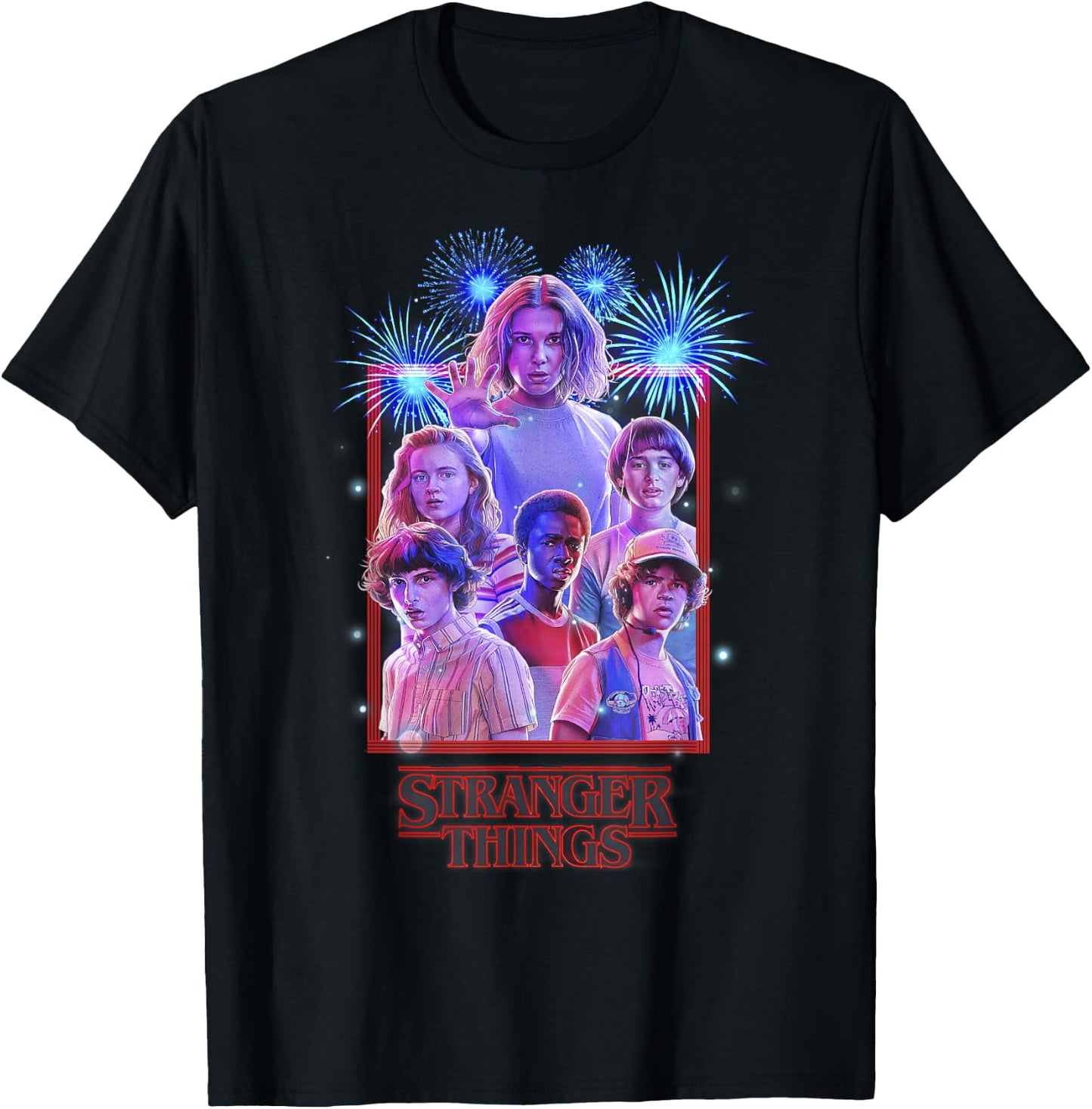 Netflix Stranger Things Group Shot Fireworks Poster T-Shirt - T-Shirt | Black