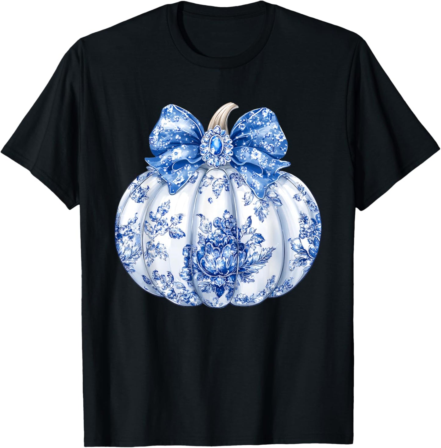 Fall Coquette Chinoiserie Blue Floral Pumpkin Thanksgiving T-Shirt - T-Shirt | Black