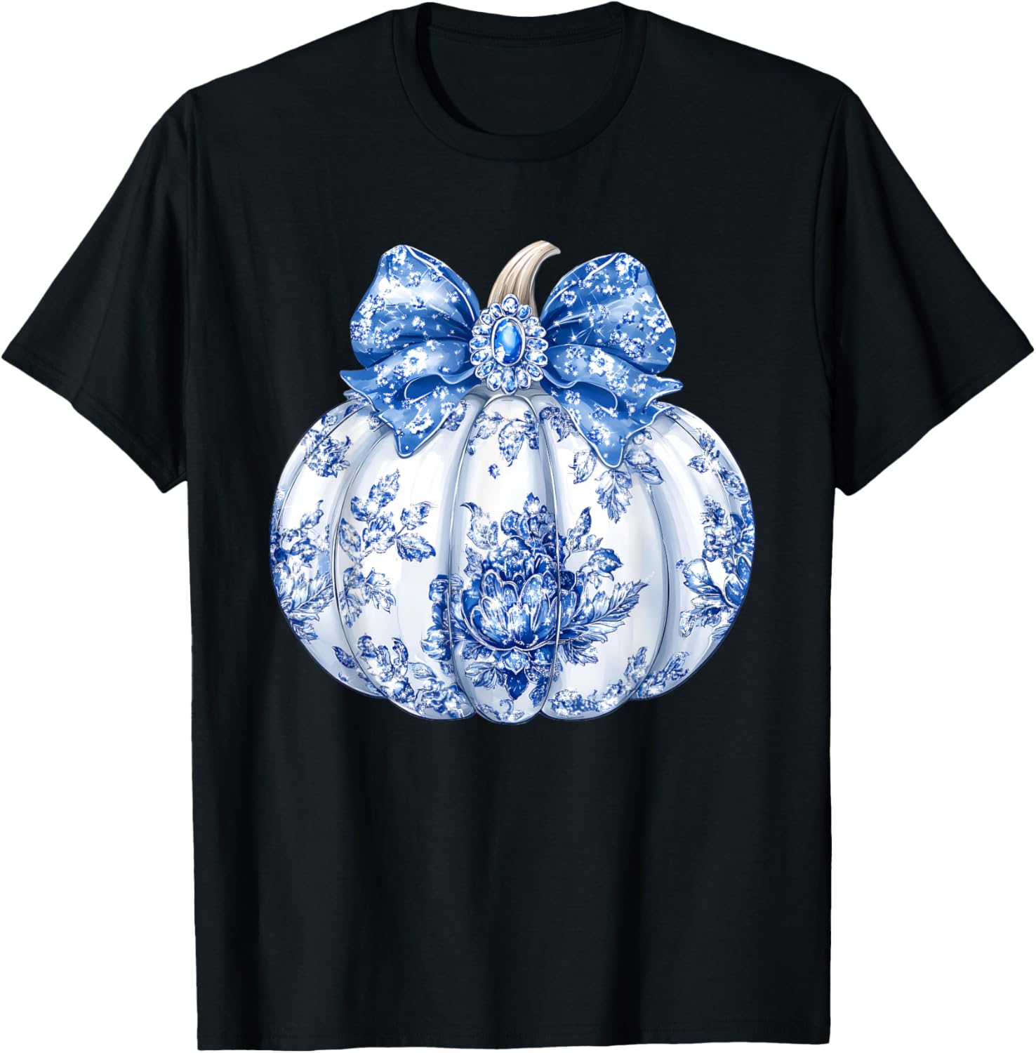 Fall Coquette Chinoiserie Blue Floral Pumpkin Thanksgiving T-Shirt - T-Shirt | Black