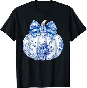 Fall Coquette Chinoiserie Blue Floral Pumpkin Thanksgiving T-Shirt - T-Shirt | Black