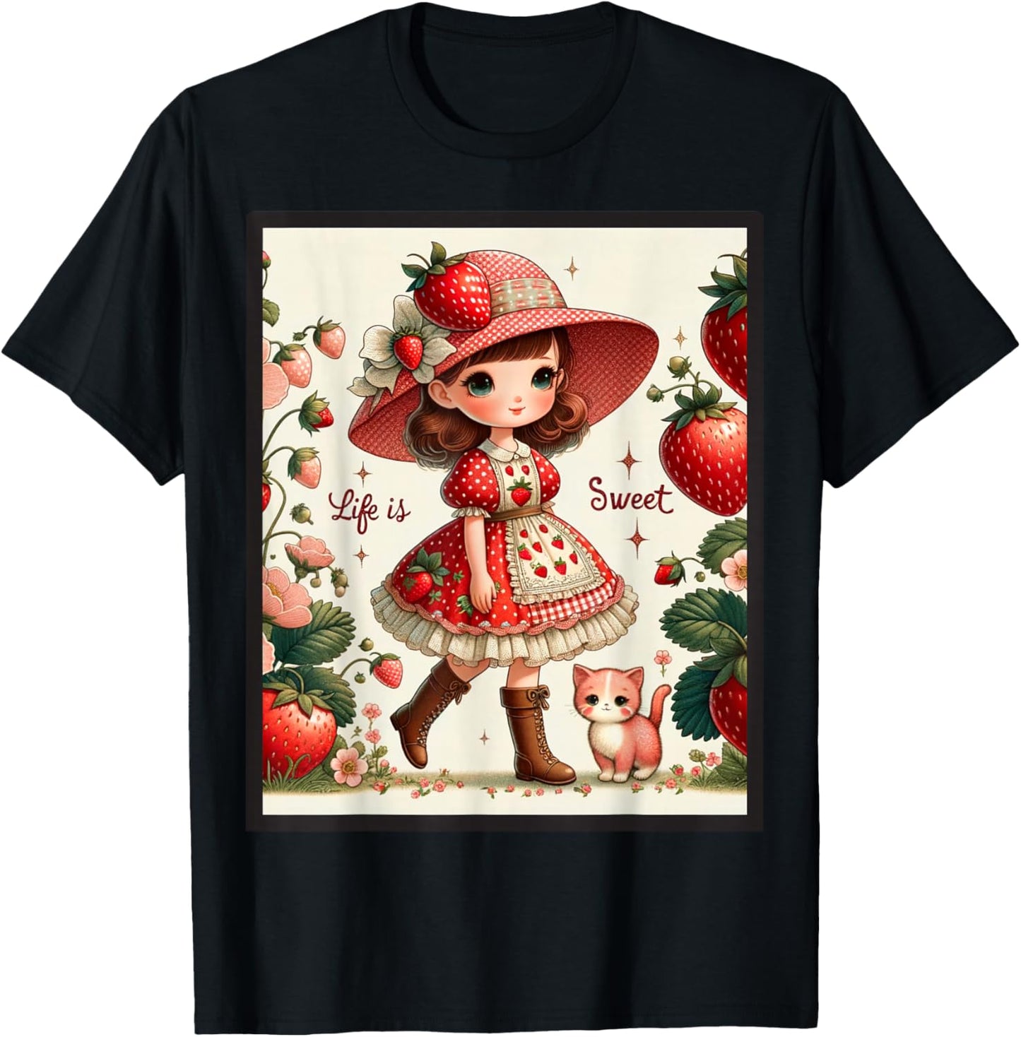 Cute Life Is Sweet Strawberry Cake Vintage Berry Garden T-Shirt - T-Shirt | Black