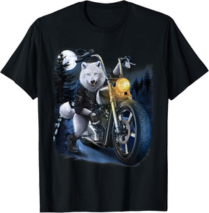 Wolf Riding Chopper Motorcycle in Full Moon T-Shirt - T-Shirt | Black