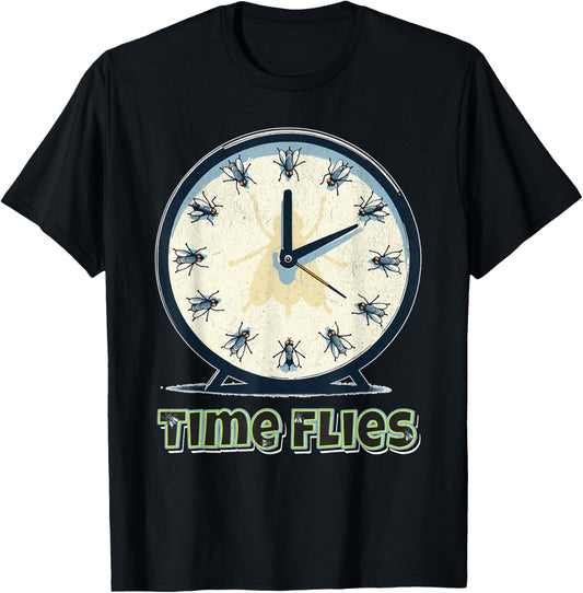 Time Flies Funny Clock Graphic Flying Bugs Pun T-Shirt - T-Shirt | Black