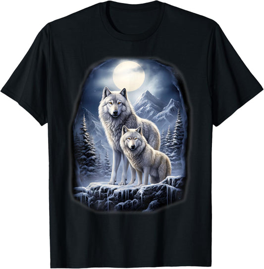 2 Wölfe auf eisigem Hügel in den Bergen vor dem Mond T-Shirt - T-Shirt | Black