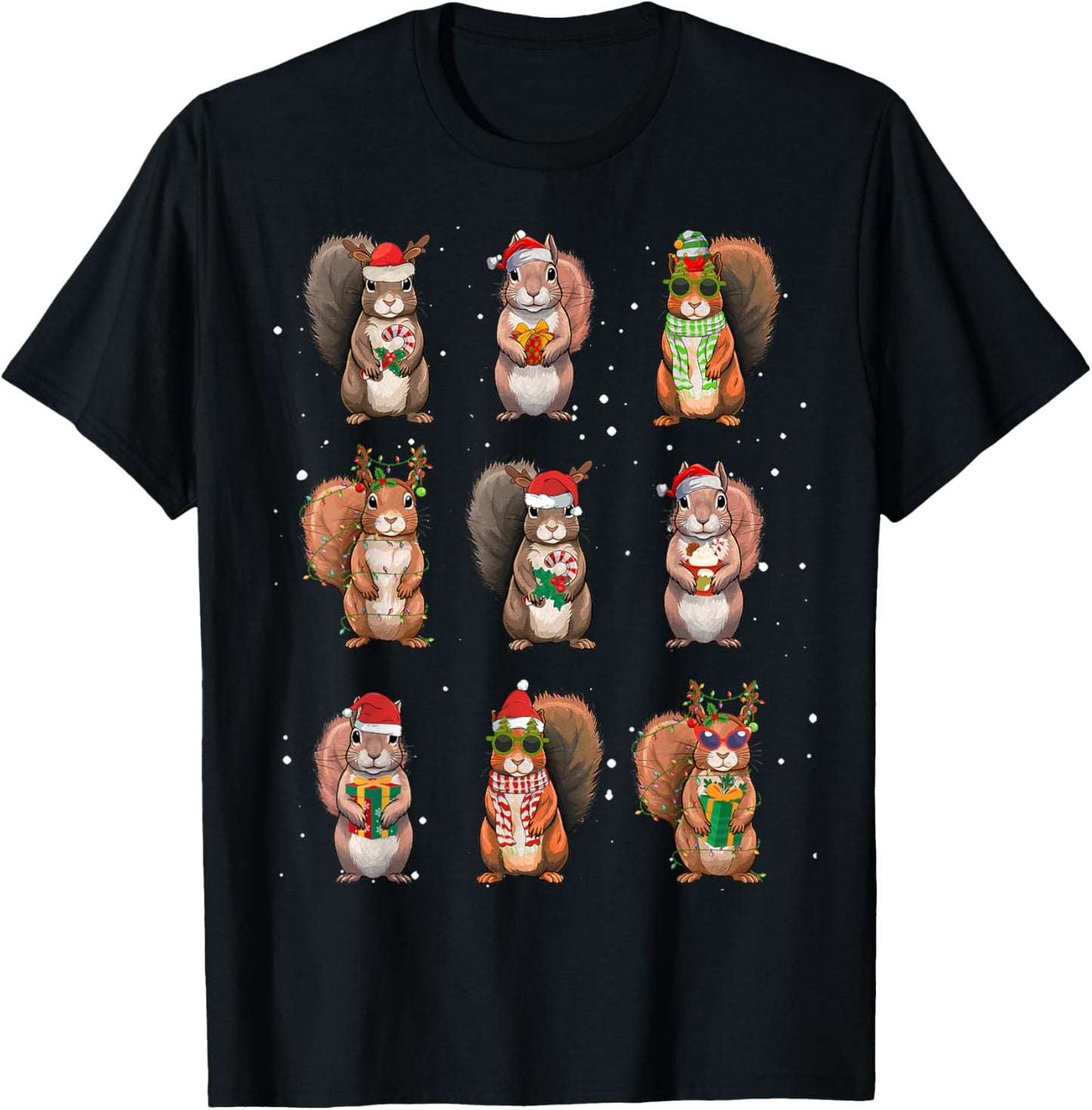 Squirrels Christmas Lights Decor Funny Squirrel Lover Pajama T-Shirt - T-Shirt | Black