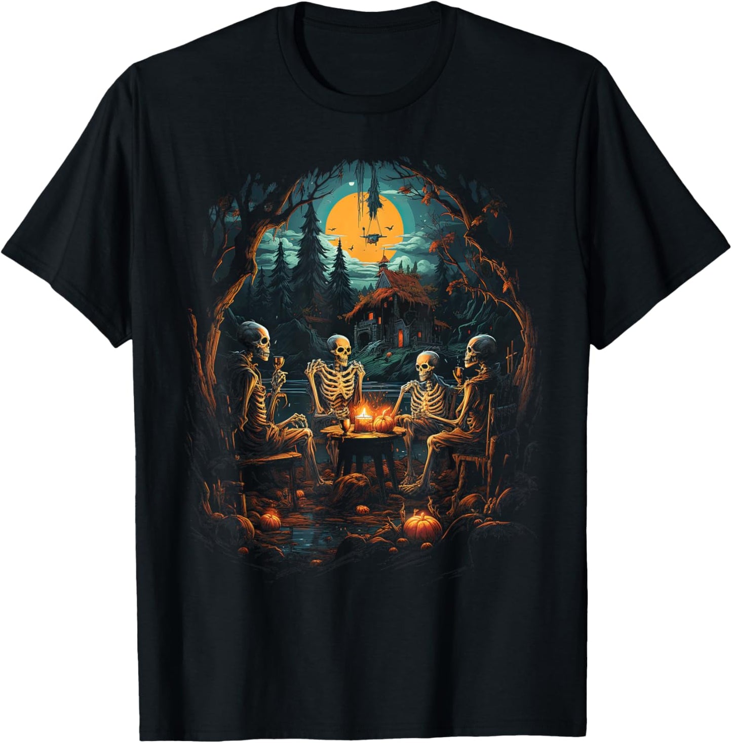 Vintage Ghost and Skeleton by Fire Camping Gothic Halloween T-Shirt - T-Shirt | Black