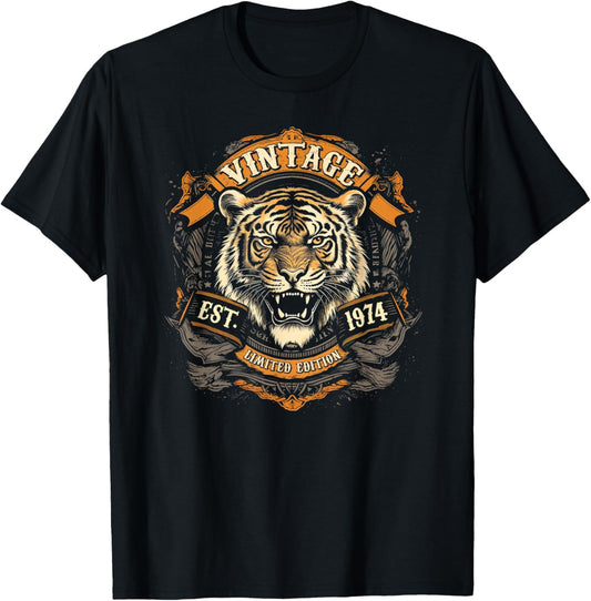 Vintage Born In 1974 Classic Tiger 52nd Birthday T-Shirt - T-Shirt | Black