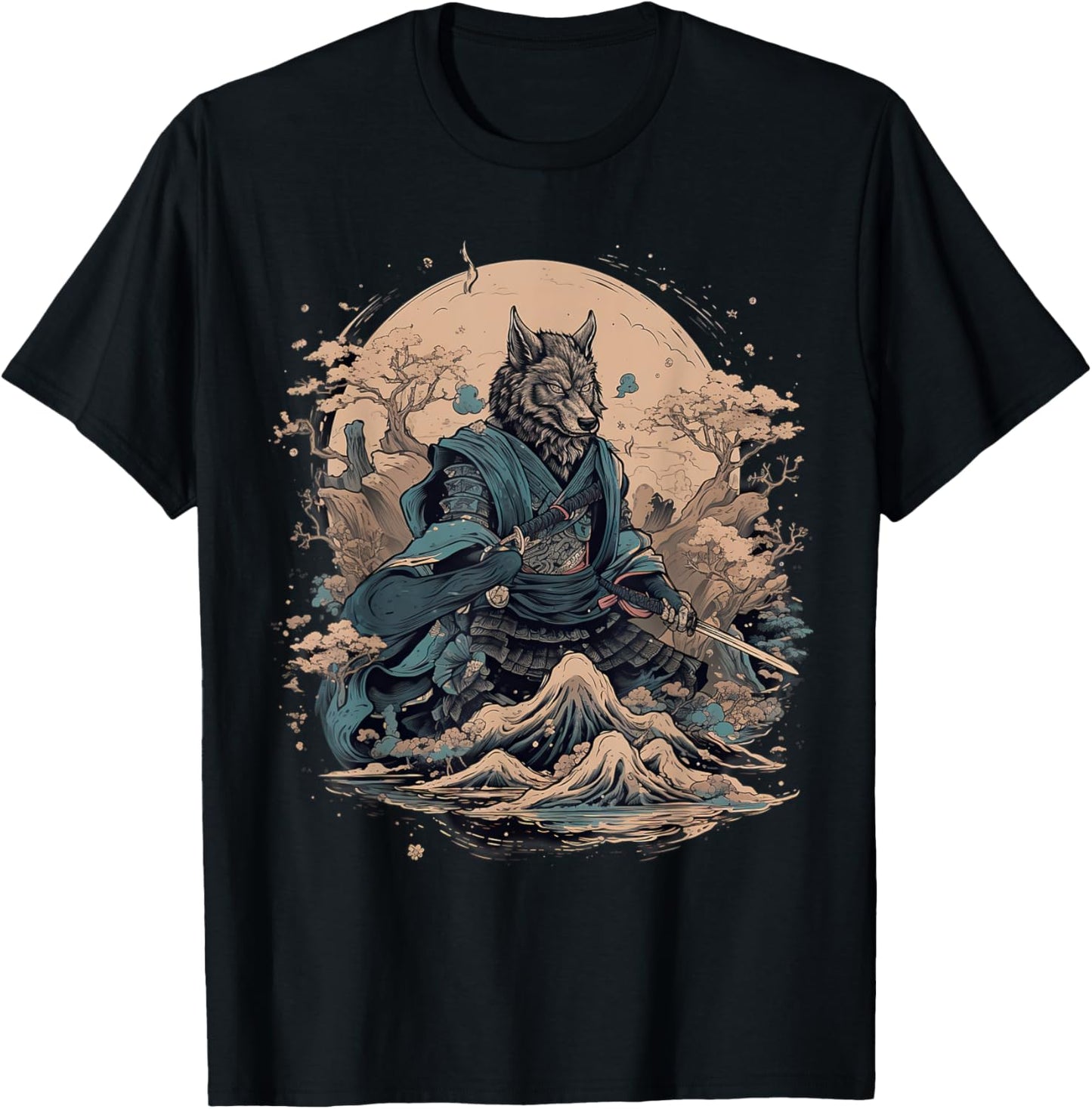 Vintage Japanese Art Samurai Wolf T-Shirt - T-Shirt | Black