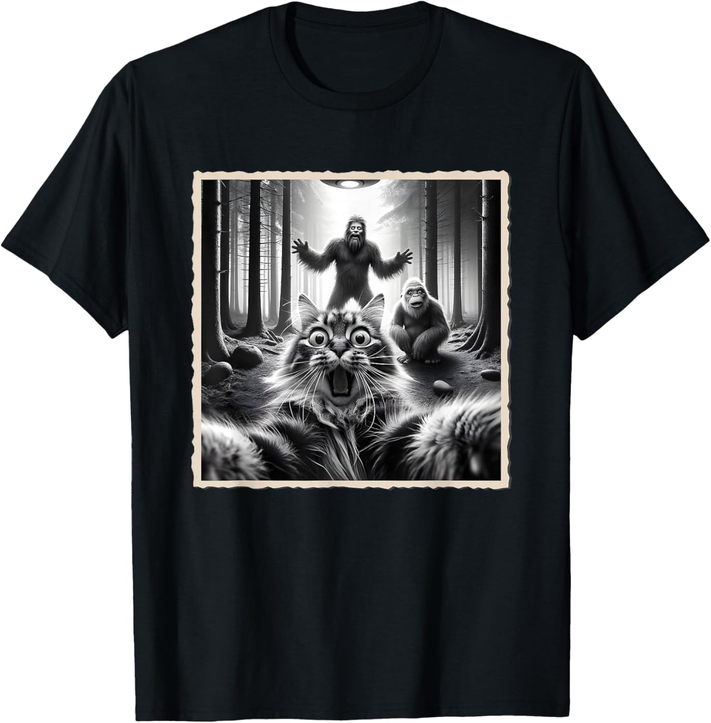 Cat Selfie With Bigfoot; Funny Sasquatch & Cat T-Shirt - T-Shirt | Black