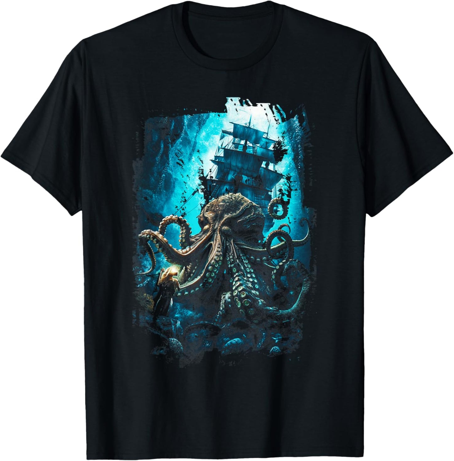 Giant Octopus Pirate Ship Vintage Kraken Sailing Squid T-Shirt - T-Shirt | Black