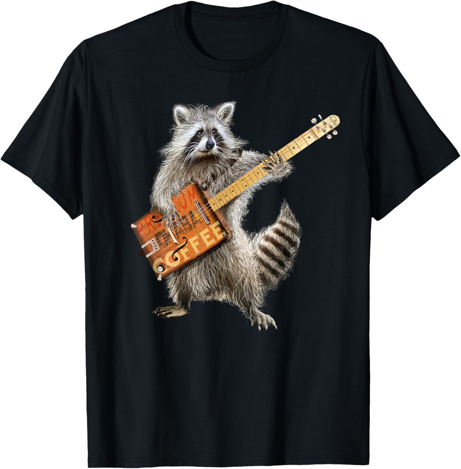 Raccoon Cute Funny Coffee Guitar Player Guitarist Animal Art T-Shirt - T-Shirt | Black