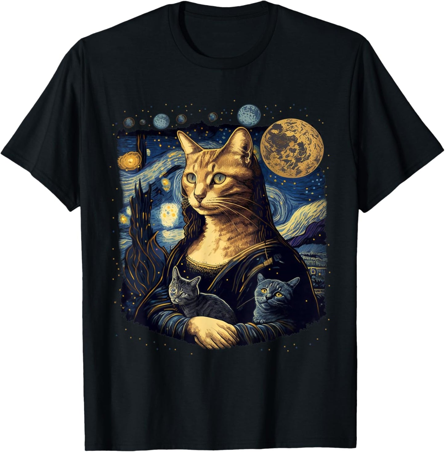 Cat Mona Lisa With Cats Starry Night Van Gogh Funny Art T-Shirt - T-Shirt | Black