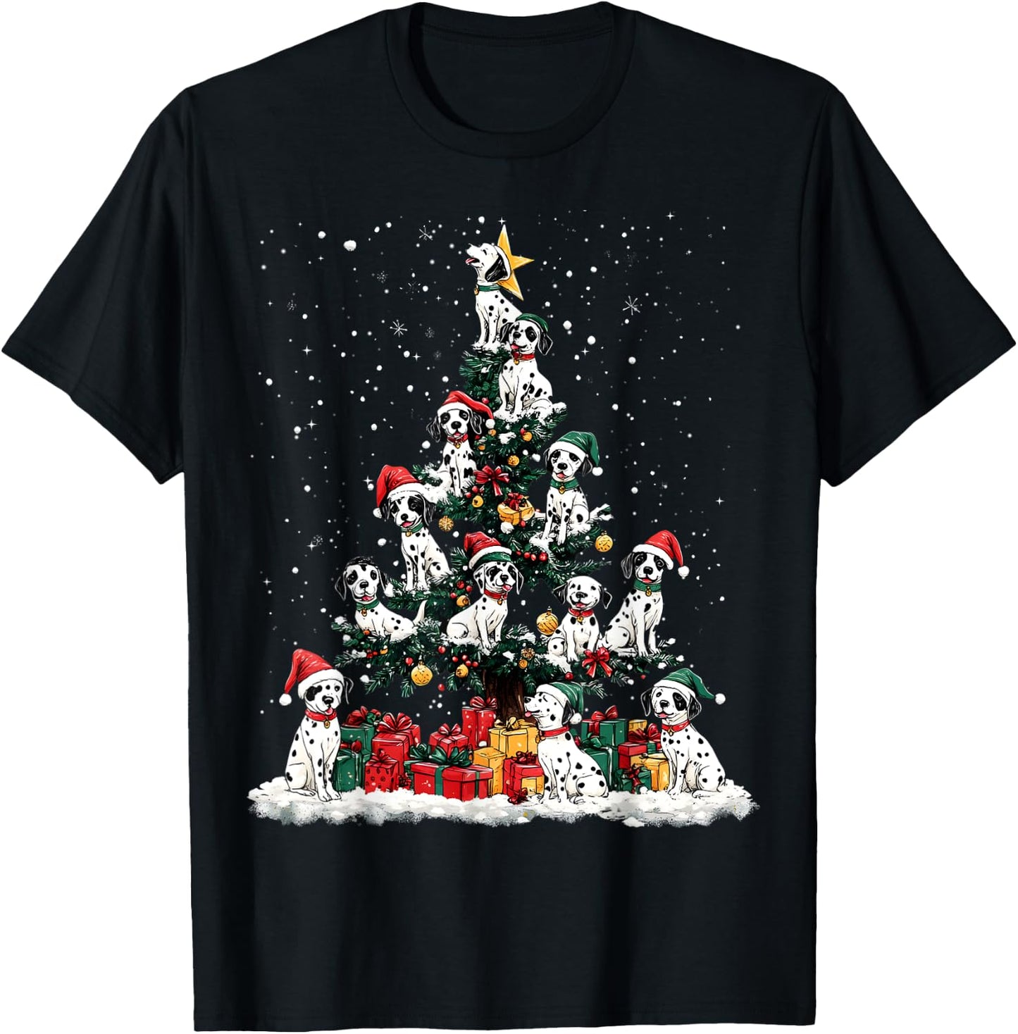 Dalmatian Christmas Tree Dog Santa Xmas Merry Dogmas Men Women Kids T-Shirt - T-Shirt | Black