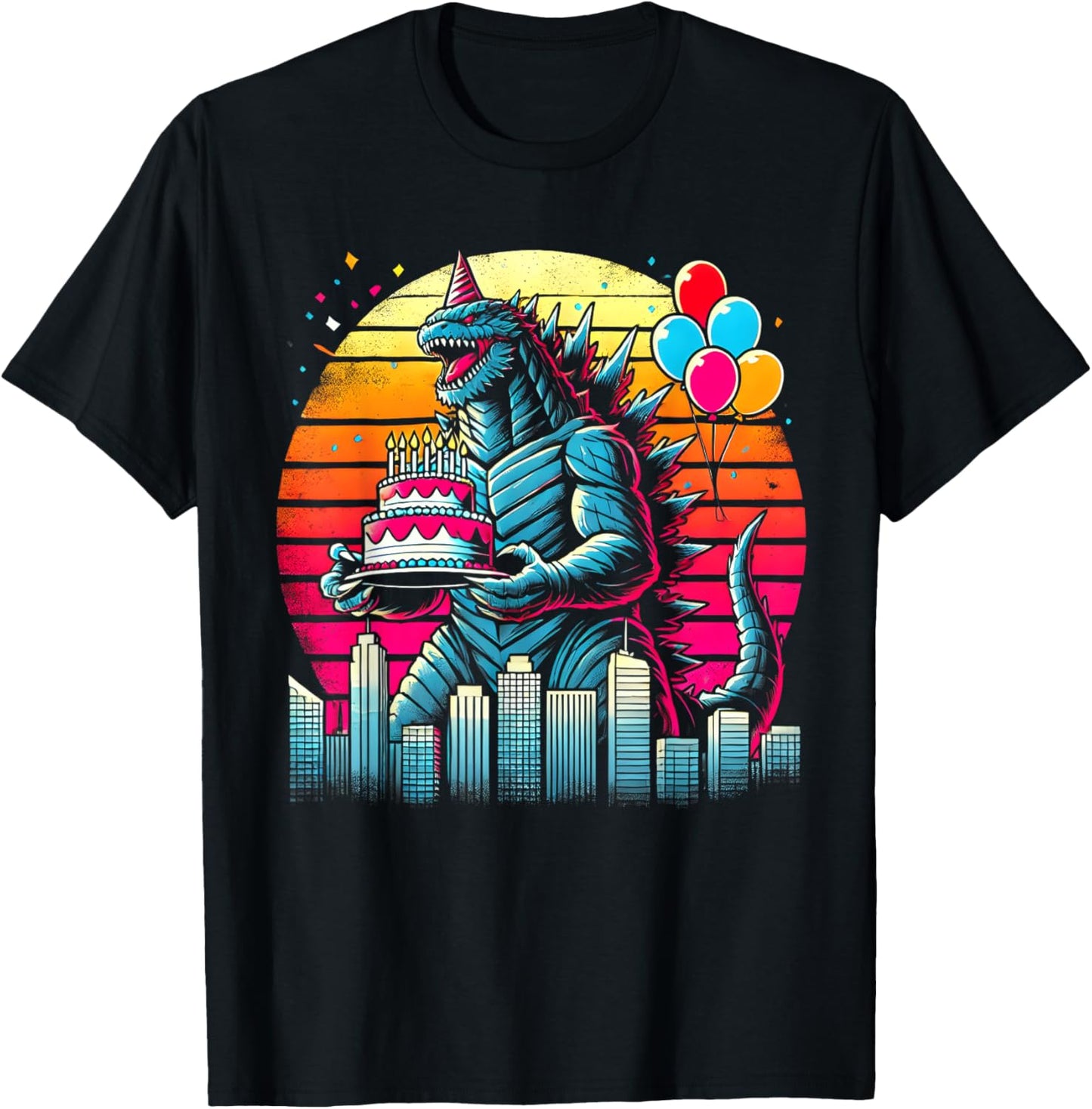 Kaiju Balloon And Cake Funny Japanese Monster Lover Birthday T-Shirt - T-Shirt | Black