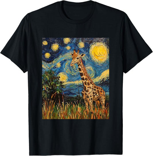 Cute Giraffe Africa - Van Gogh Style - Starry Night T-Shirt - T-Shirt | Black