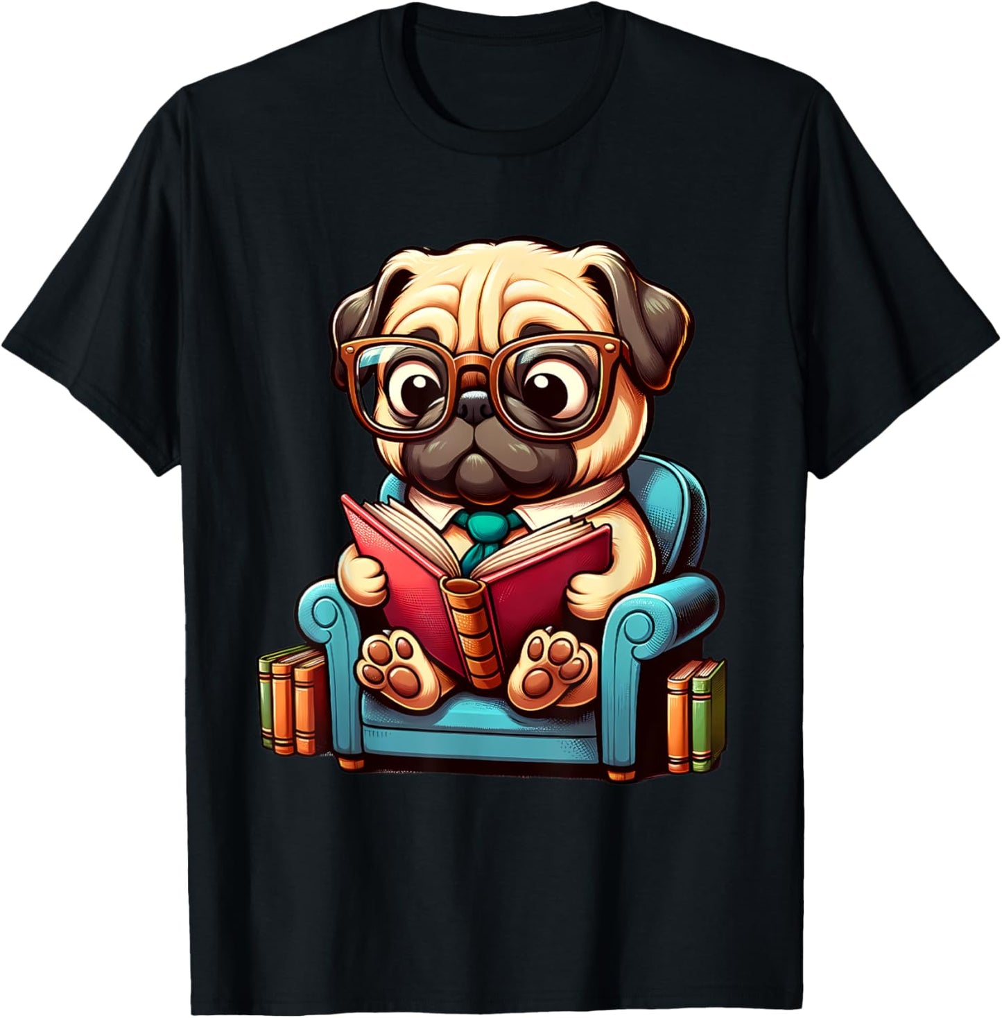 Pug Reading a Book Dog Men Women Girls Kids T-Shirt - T-Shirt | Black