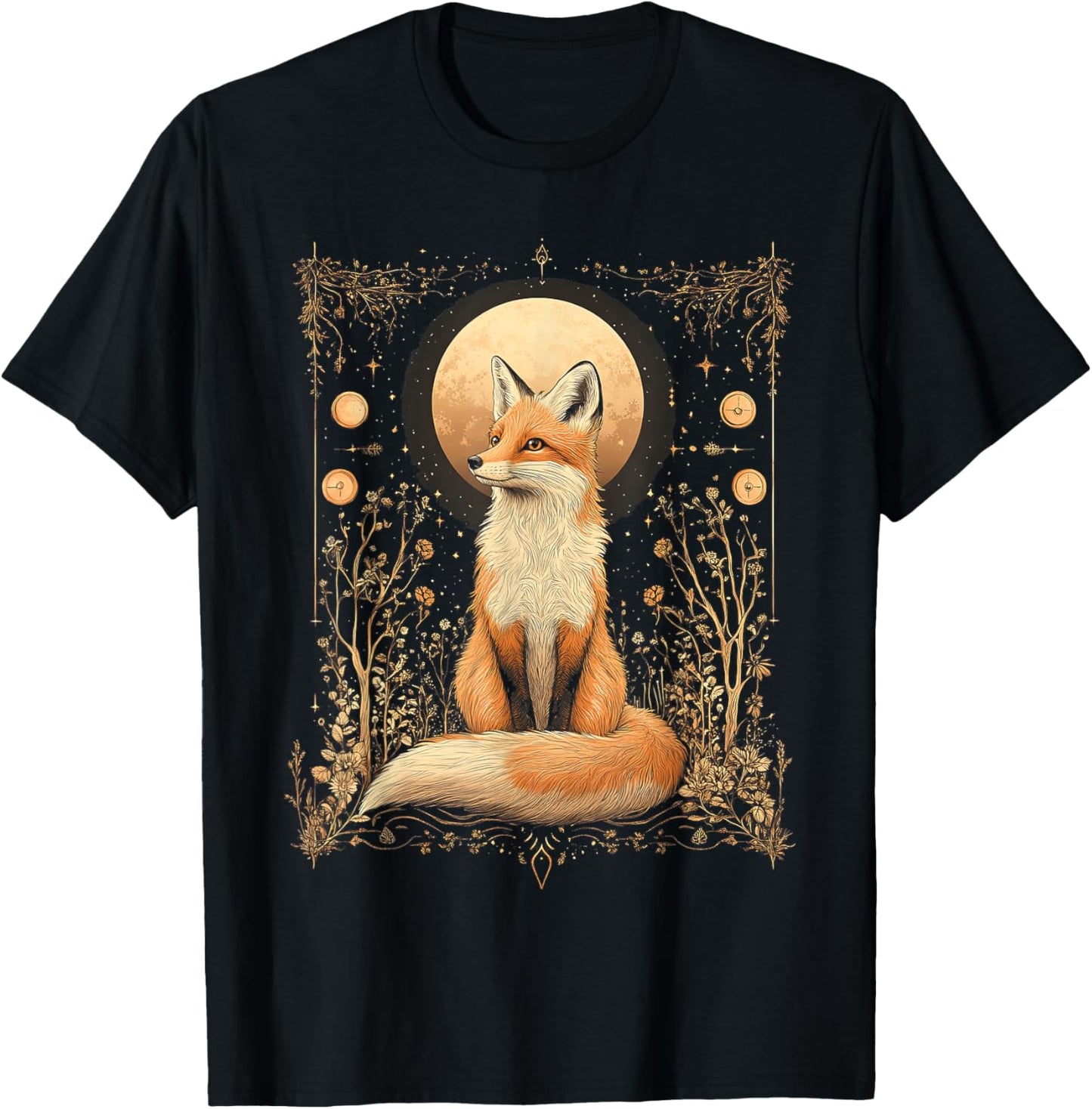 Mystic Moon and Moonphase Fox Mystical Flowers Aesthetic T-Shirt - T-Shirt | Black