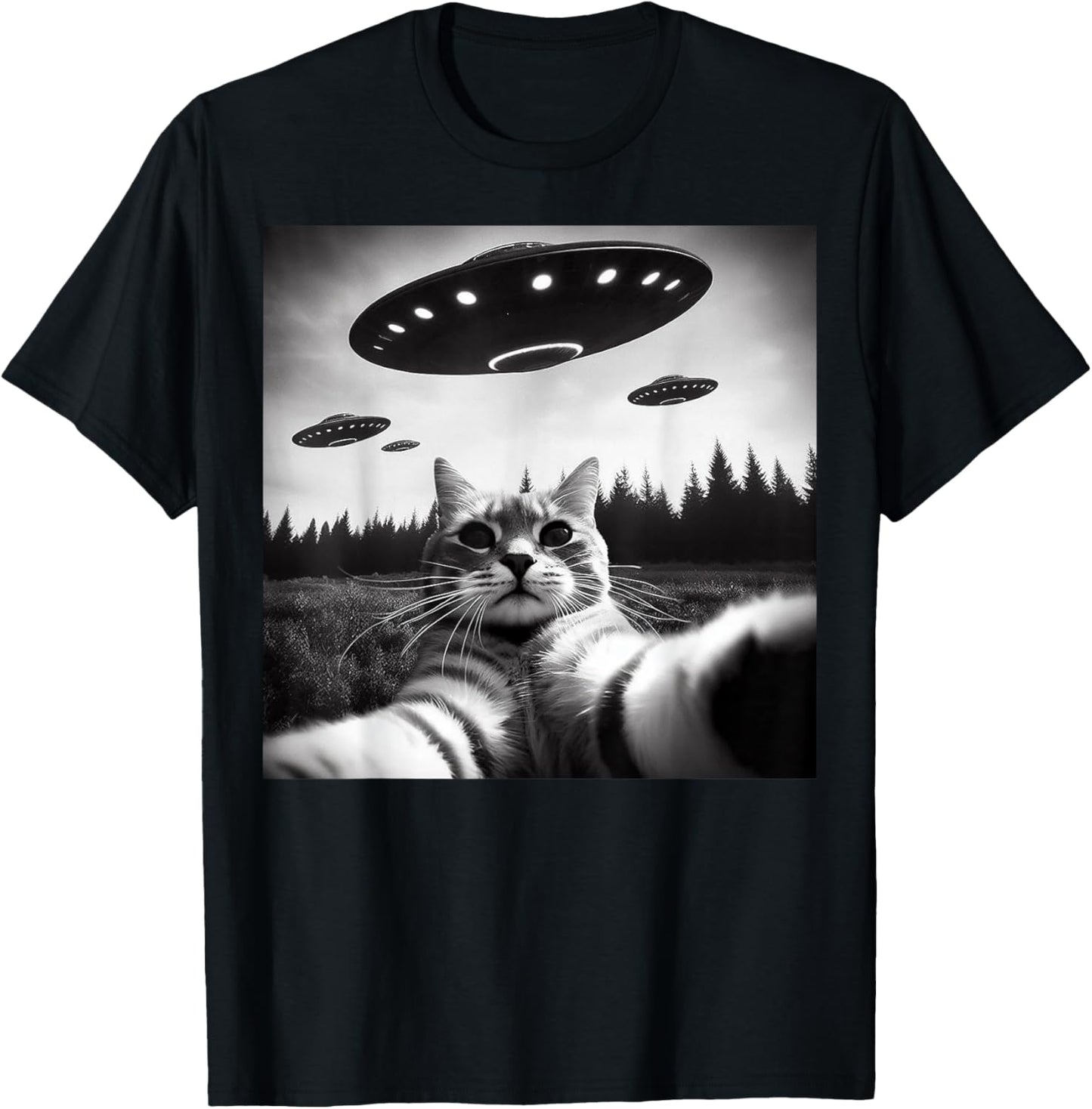 Cat Selfie With Alien UFO Funny Cat Gifts Women Kid T-Shirt - T-Shirt | Black