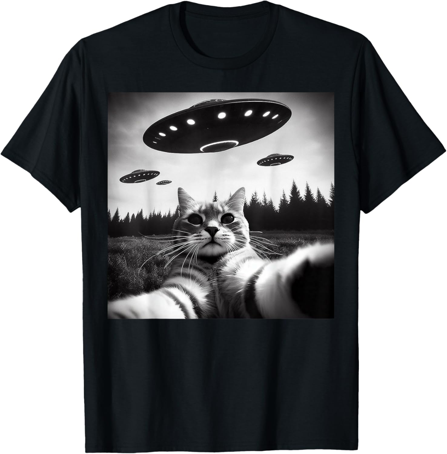 Cat Selfie With Alien UFO Funny Cat Gifts Women Kid T-Shirt - T-Shirt | Black