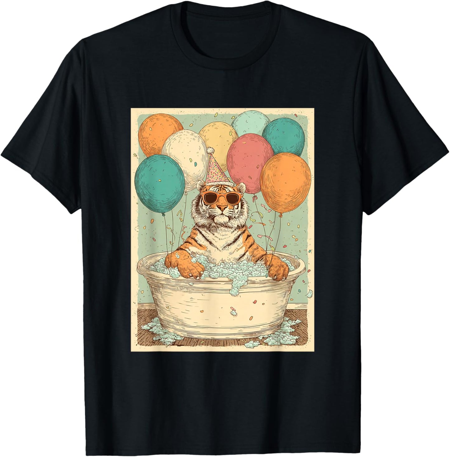 Tiger Birthday Party Balloons Bathtub Art Print T-Shirt - T-Shirt | Black