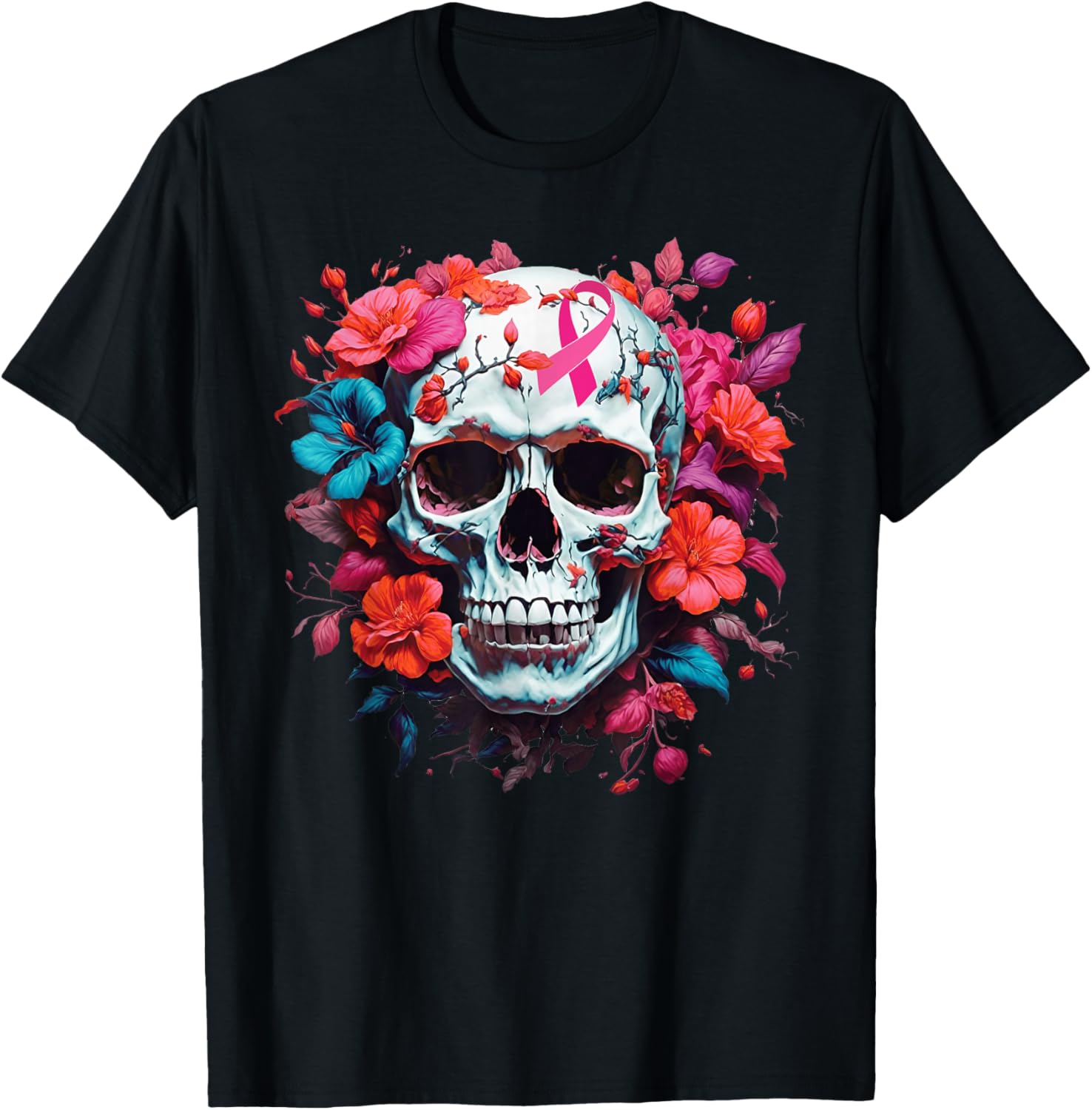 Breast Cancer Skull Shirt Sugar Skull Pink Ribbon T-Shirt - T-Shirt | Black