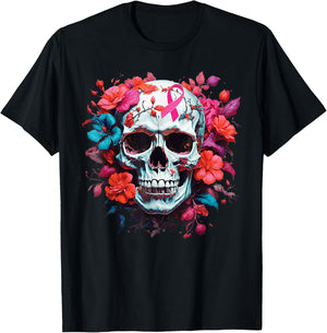 Breast Cancer Skull Shirt Sugar Skull Pink Ribbon T-Shirt - T-Shirt | Black