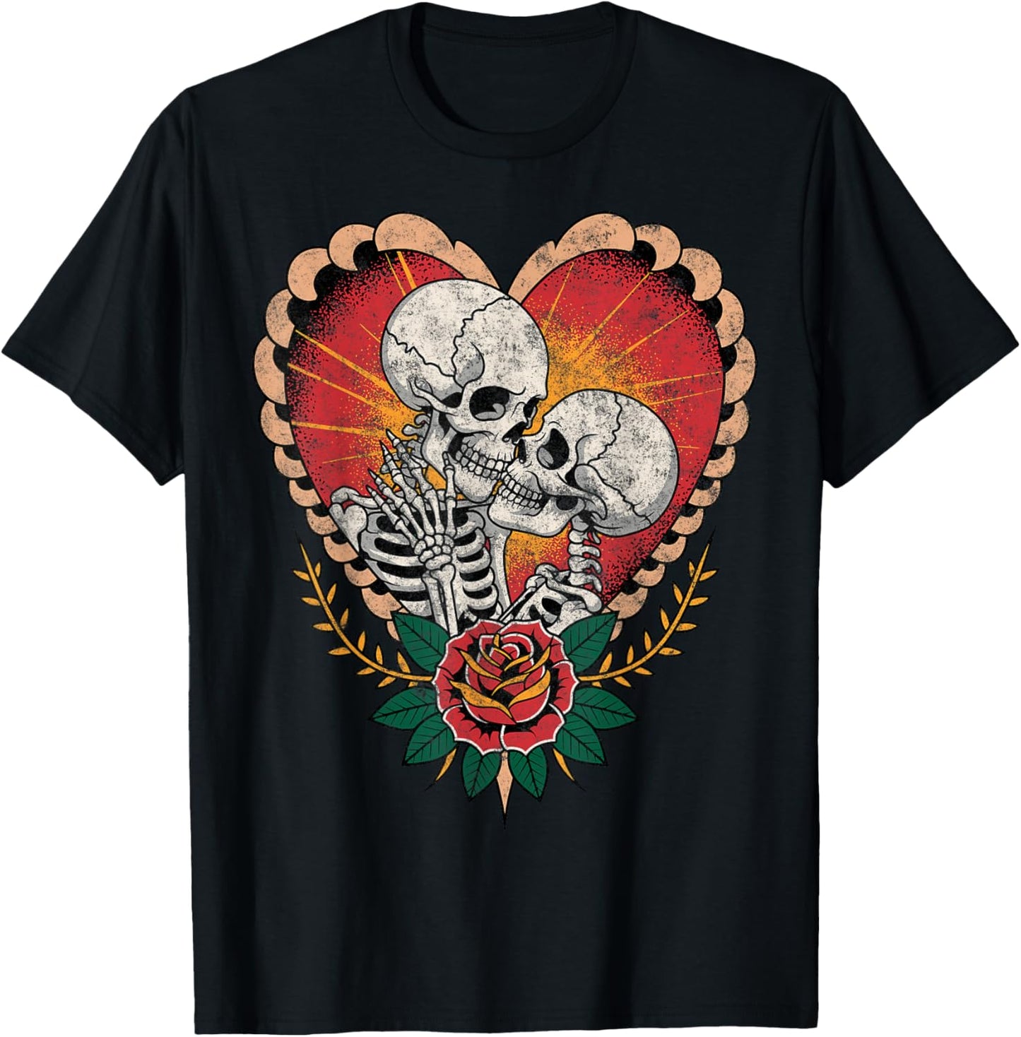 Couple Skeletons American Traditional Old School Tattoo Ink T-Shirt - T-Shirt | Black
