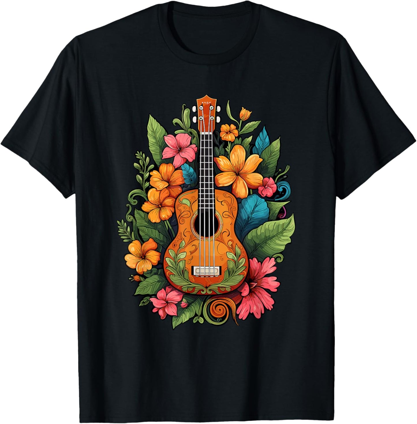 Ukulele Player Hawaiian Tropical Flowers Women T-Shirt - T-Shirt | Black
