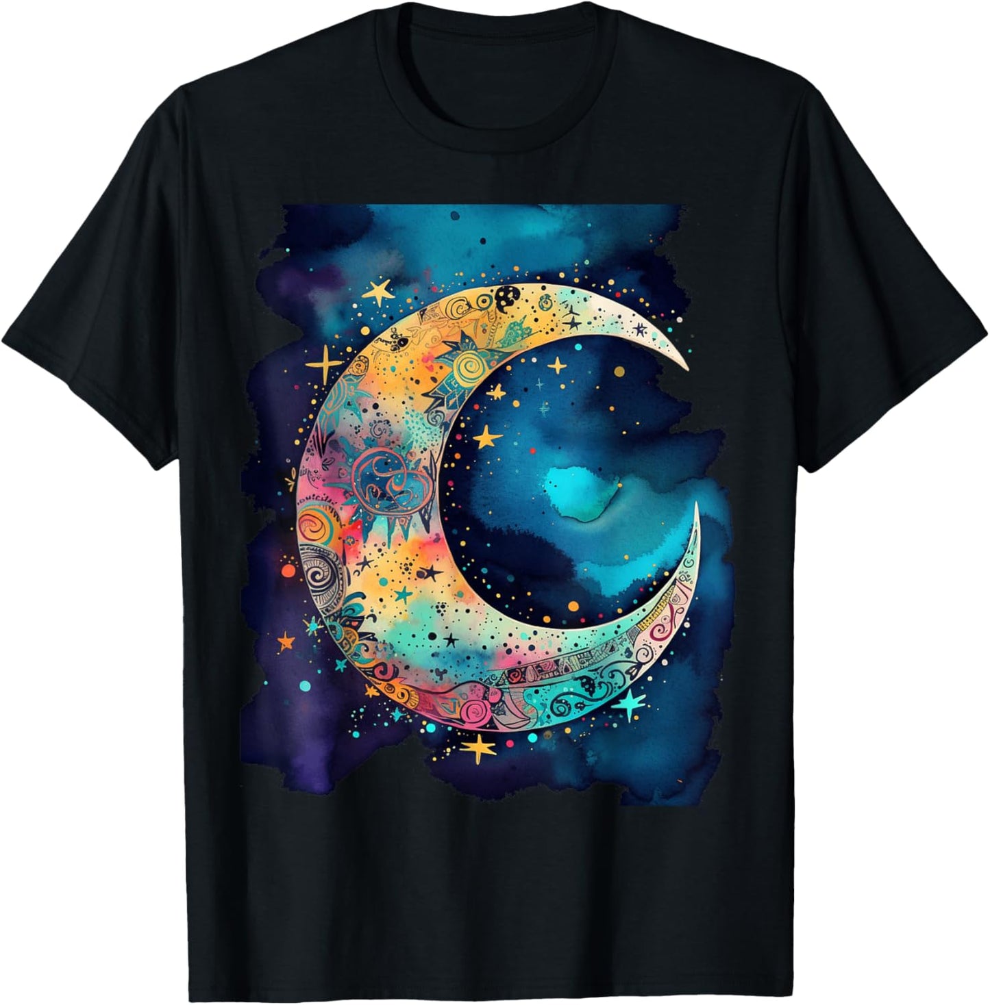 Crescent Moon with Stars abstract Bohemian Style Women Girls T-Shirt - T-Shirt | Black