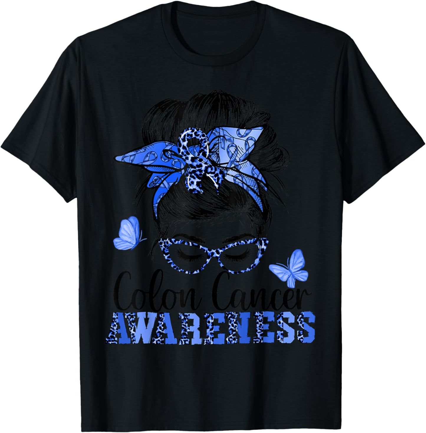 Messy Bun Hair Blue Ribbon Butterfly Colon Cancer Awareness T-Shirt - T-Shirt | Black