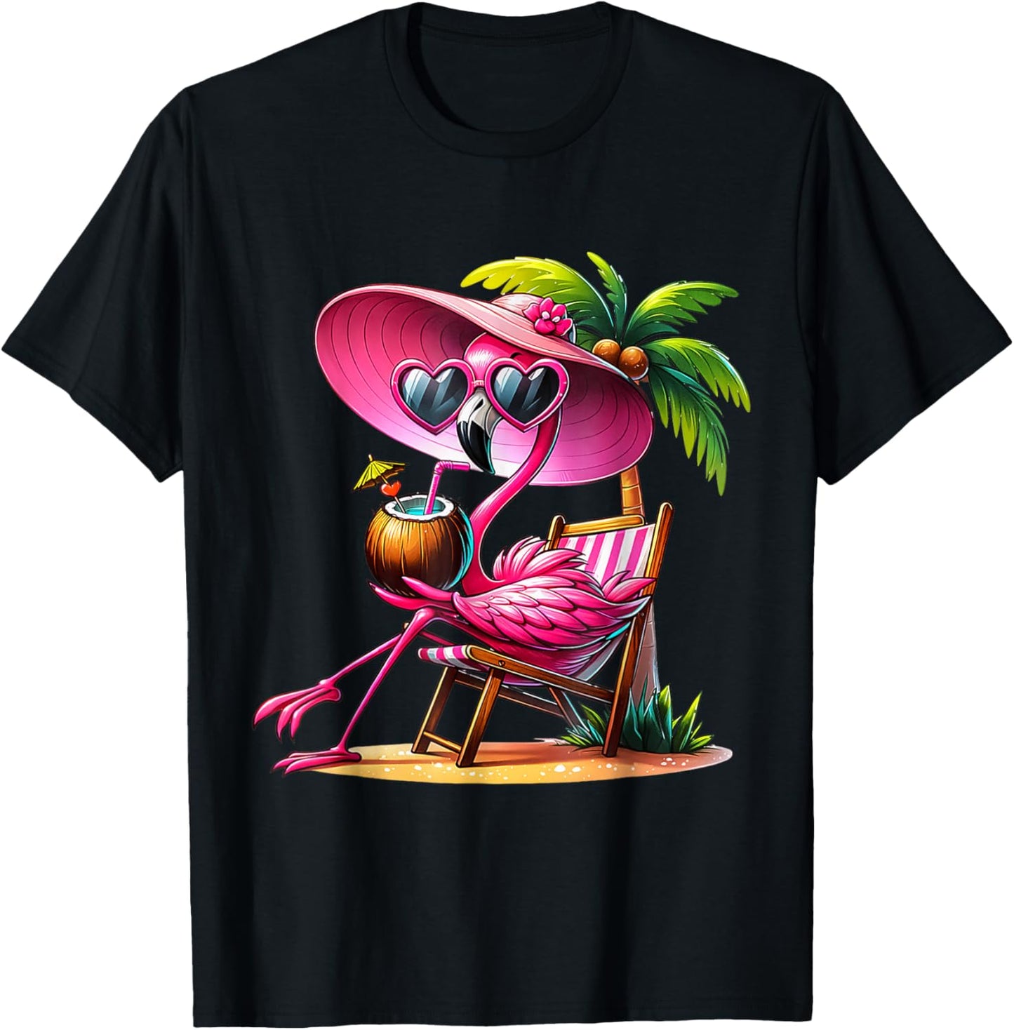 Pink Flamingo Summer Vibes Beach Palm Tree Summer Vacation T-Shirt - T-Shirt | Black