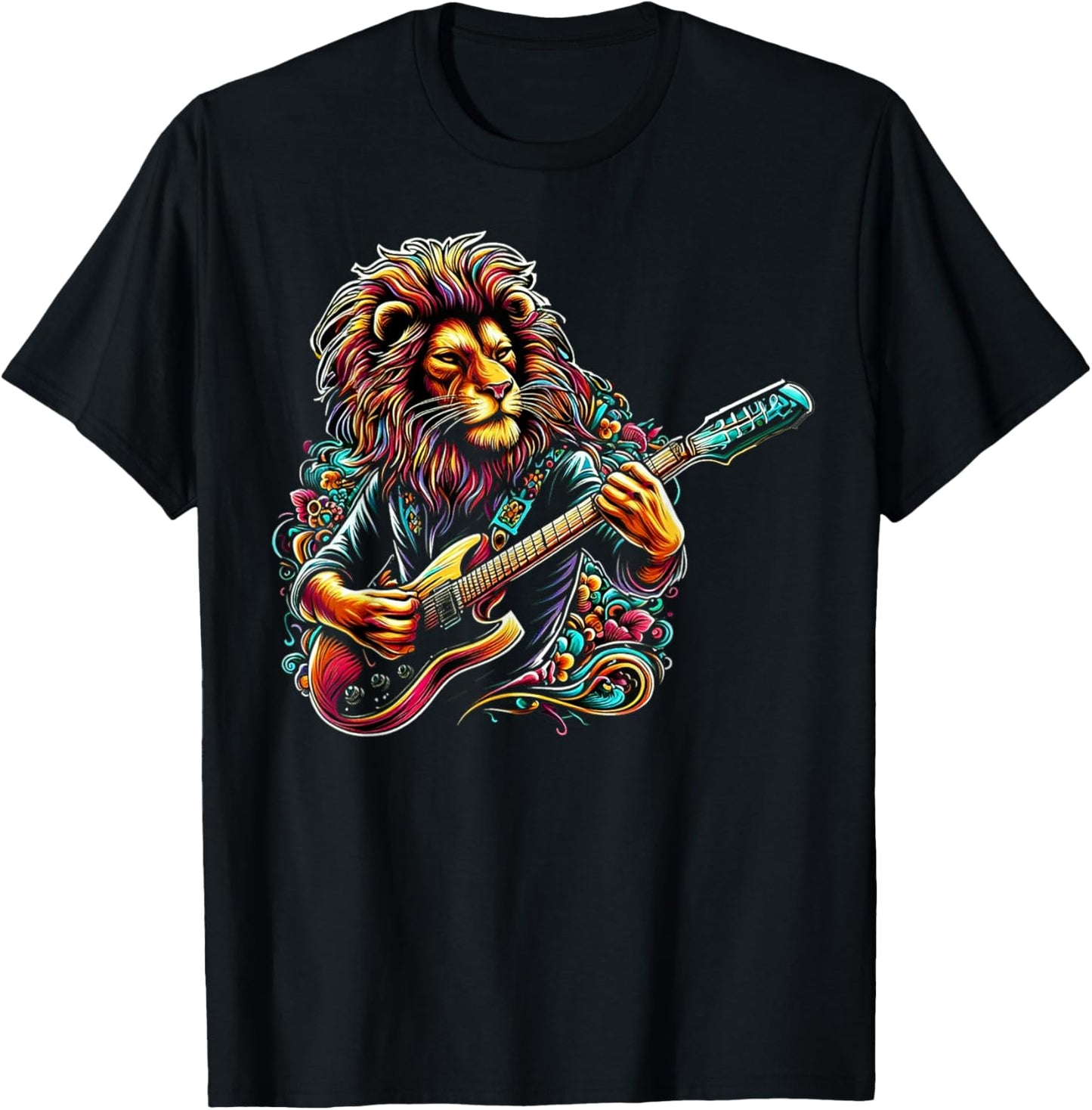 Lion Man Rock on Playing Guitar Music Vintage Guitarist T-Shirt - T-Shirt | Black