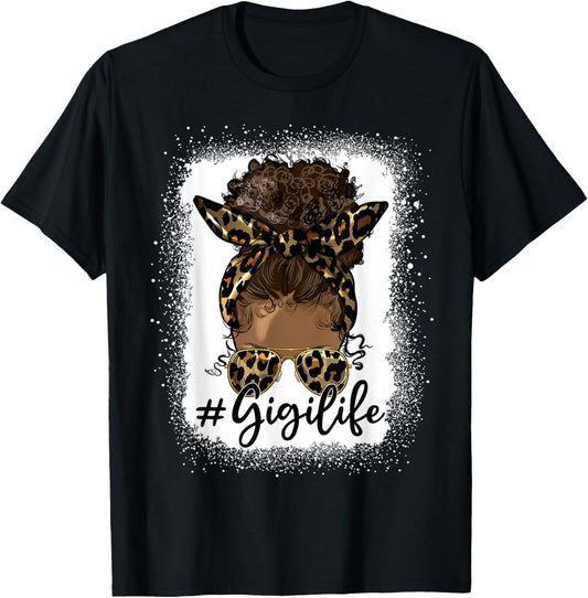 Gigi Life Black Women Afro Messy Bun Leopard Mother's Day T-Shirt - T-Shirt | Black