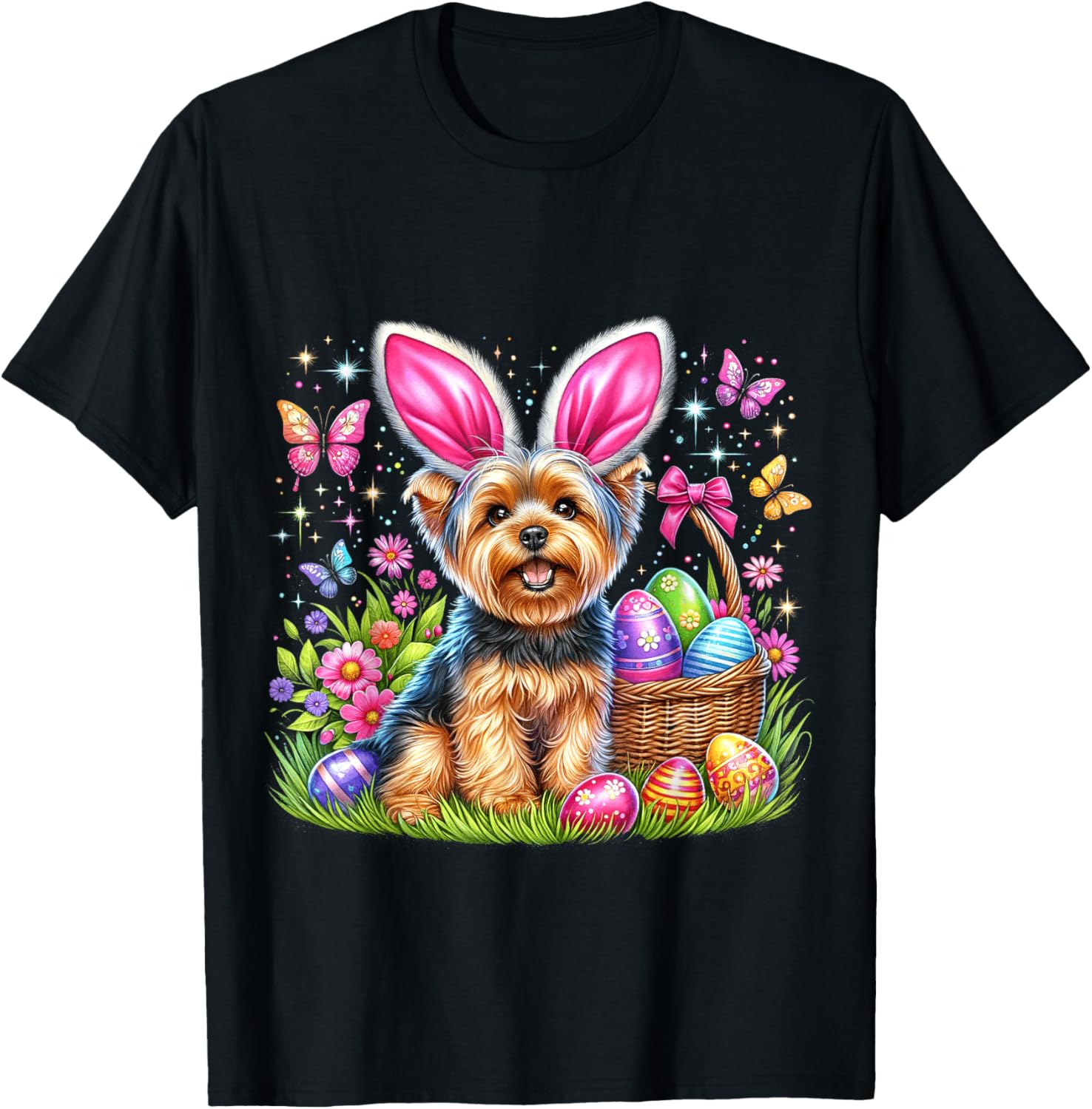 Cute Bunny Yorkshire Terrier Dog Easter Eggs Basket Men Women Kids T-Shirt - T-Shirt | Black