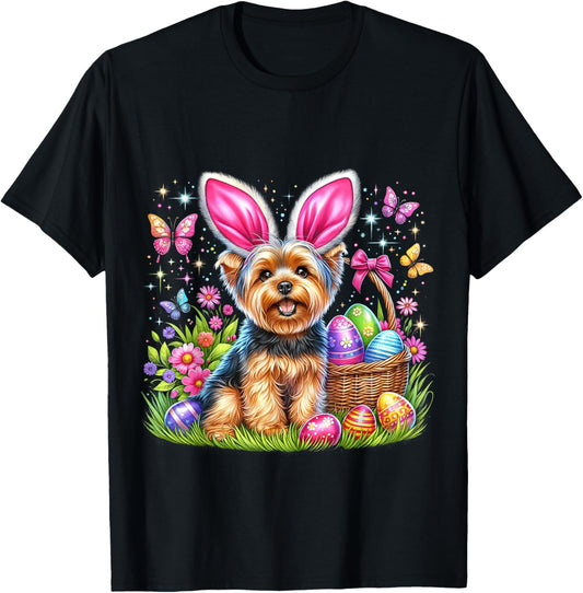 Cute Bunny Yorkshire Terrier Dog Easter Eggs Basket Men Women Kids T-Shirt - T-Shirt | Black