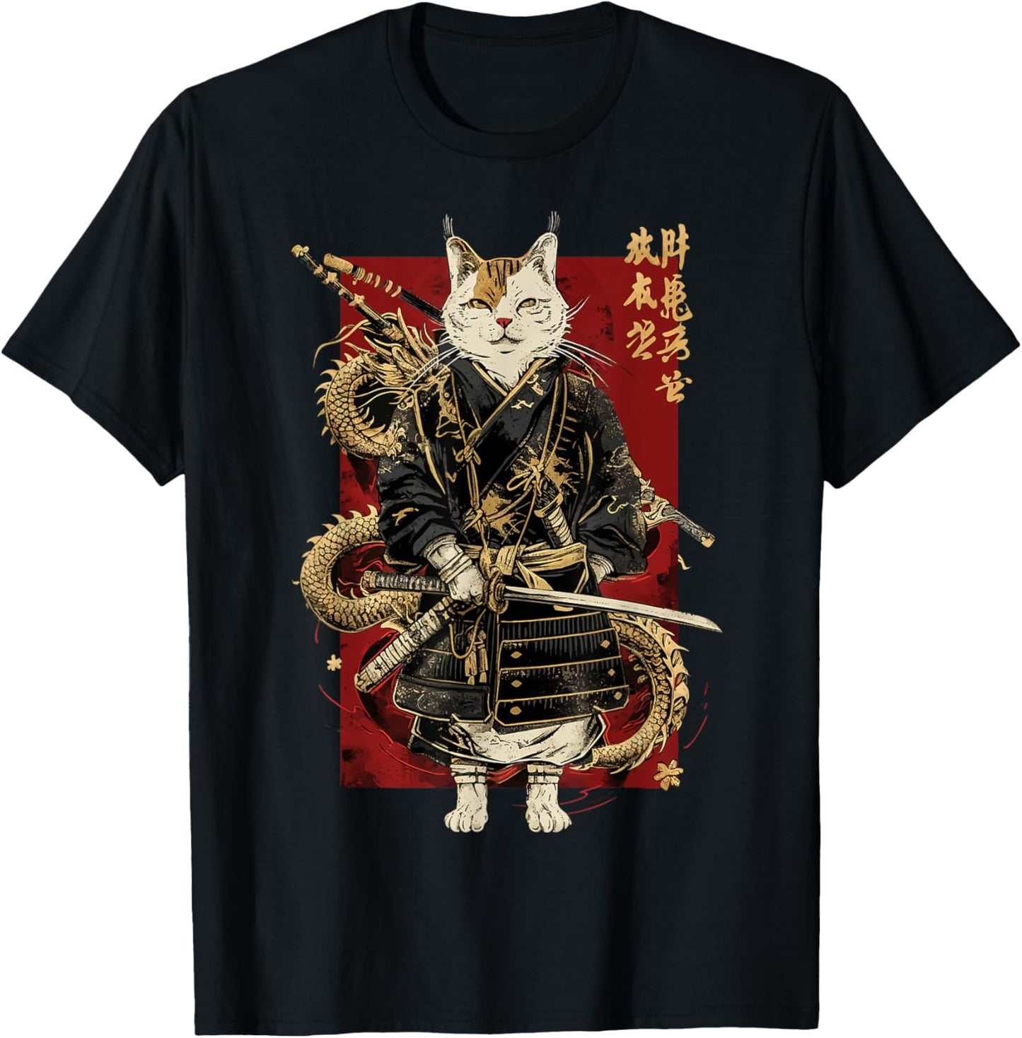 Samurai Cat with Dragon Japanese Kanji, Japan art lover Women Girls Kids T-Shirt - T-Shirt | Black